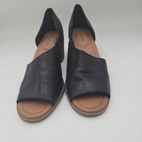 Lucky Brand Sandals Women's 9.5 M Raheema Black Leather Heeled Open Toe Dorsay - Picture 2 of 7